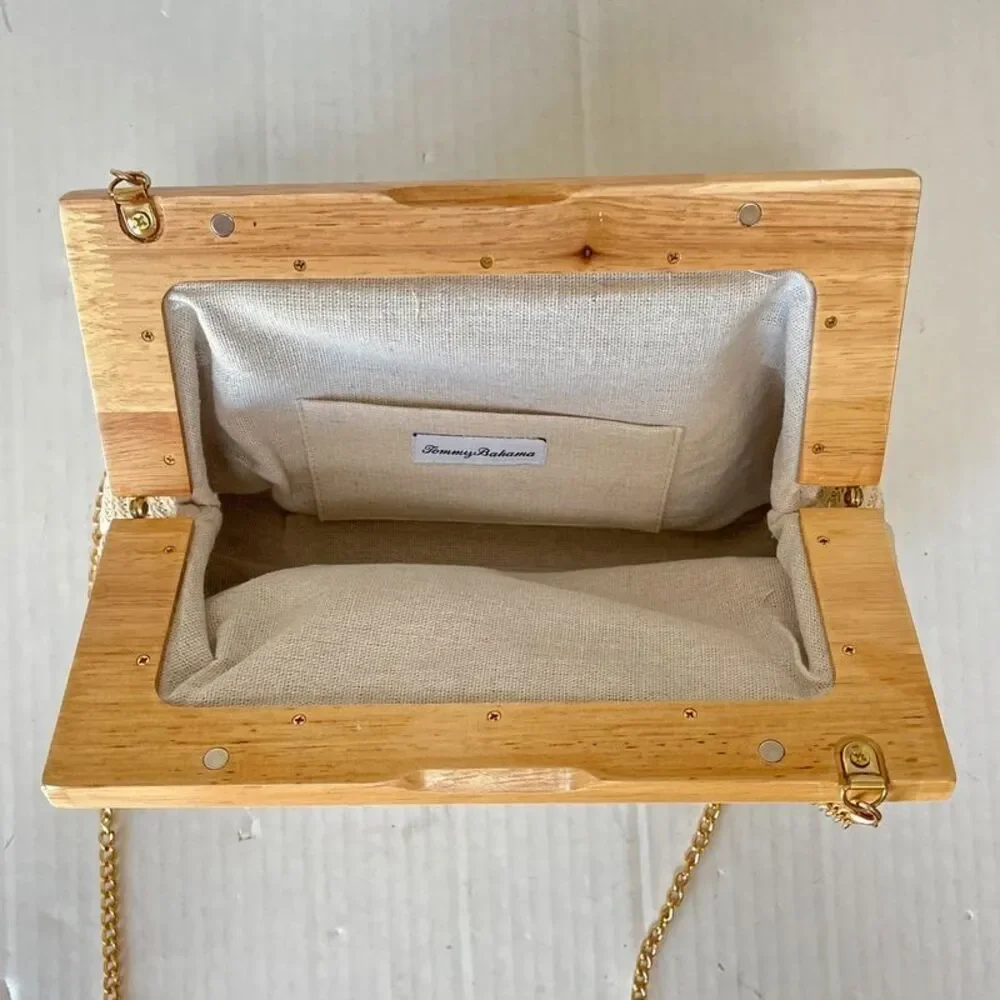 Tommy Bahama woven raffia structured clutch boho crossbody chain strap wood fram